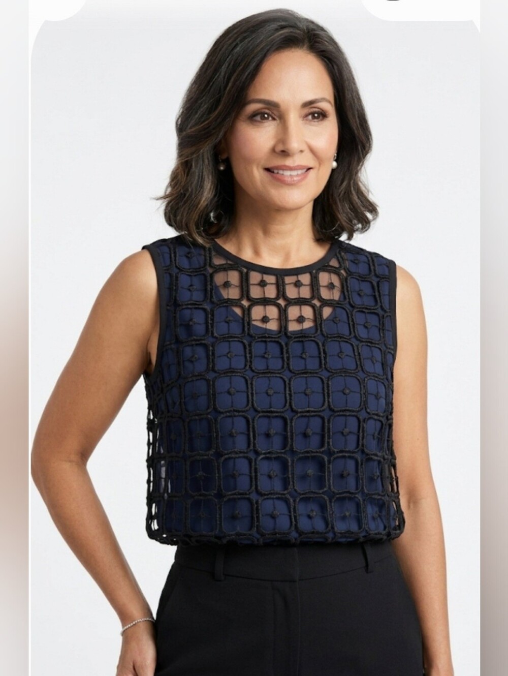 Tory Burch Navy - Black Overlay Sleeveless Top Size 12